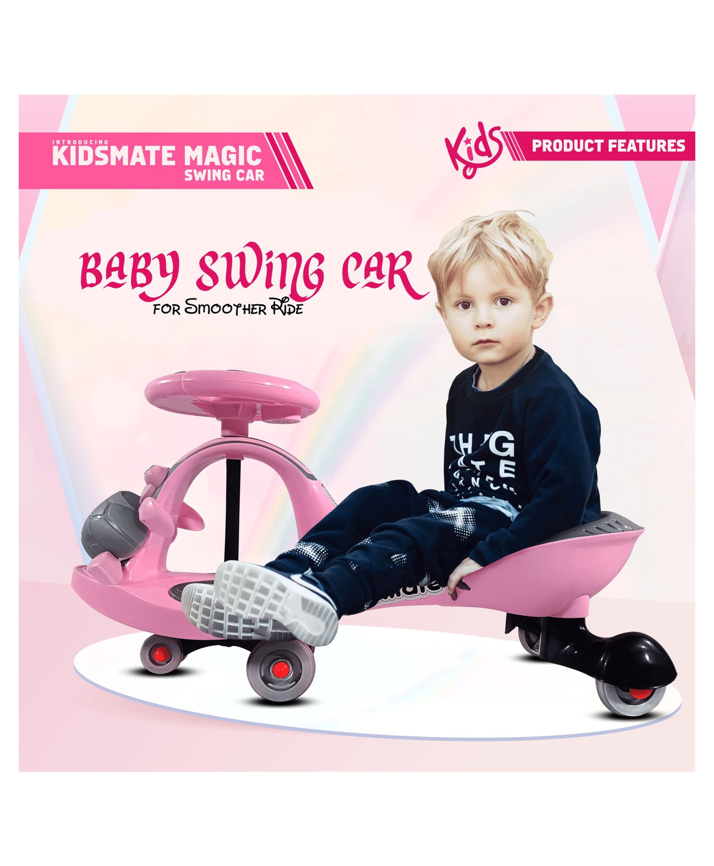 Kidsmate Magic Swing Car for Kids with Music & LED Lights, Ride-On Baby Car, Kids Push Car, Swing Car | Elegant Design with Extra Wide Seat for Kids (Pink)
