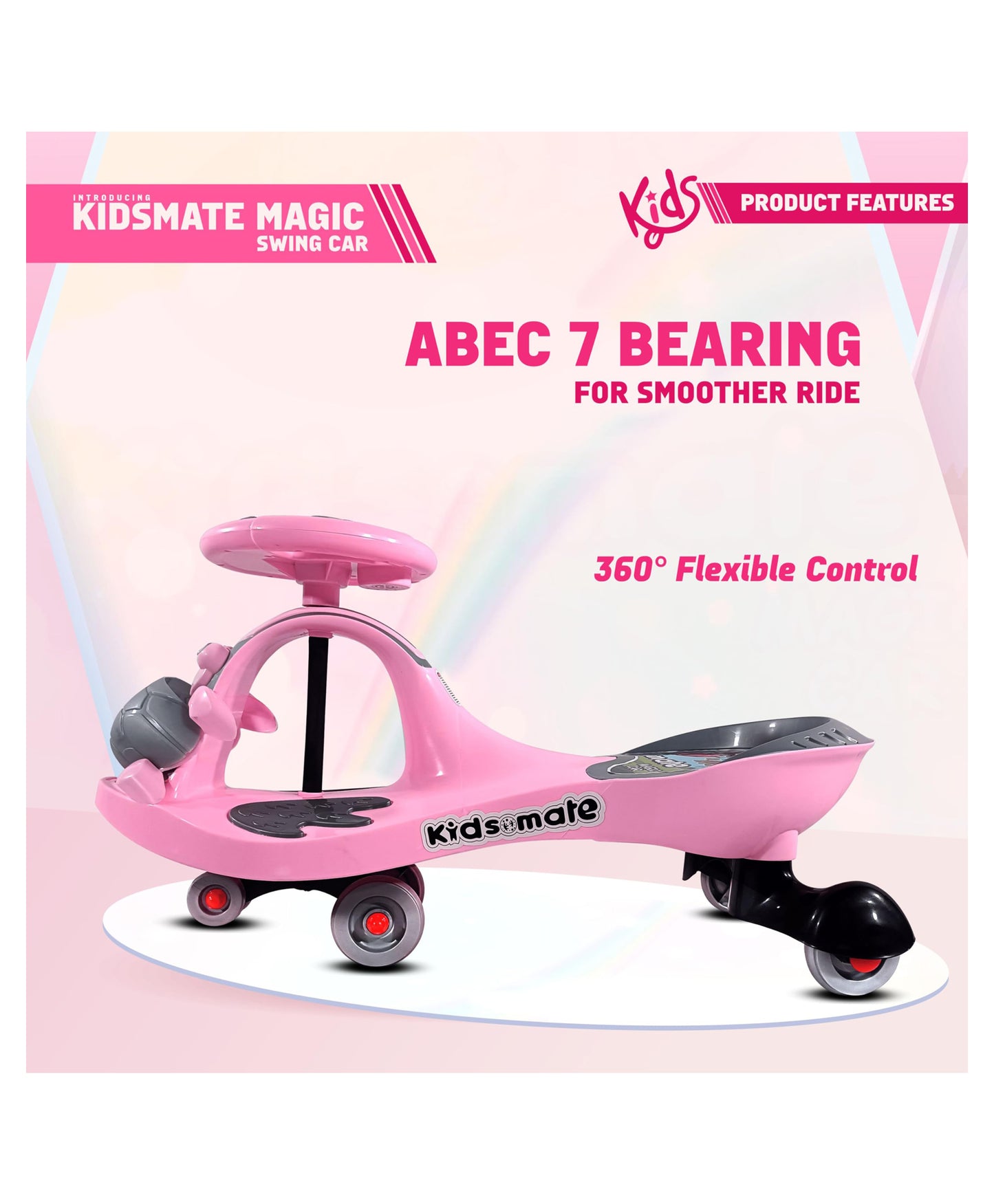 Kidsmate Magic Swing Car for Kids with Music & LED Lights, Ride-On Baby Car, Kids Push Car, Swing Car | Elegant Design with Extra Wide Seat for Kids (Pink)