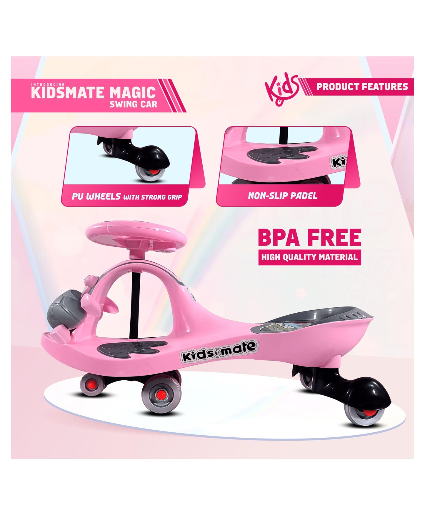 Kidsmate Magic Swing Car for Kids with Music & LED Lights, Ride-On Baby Car, Kids Push Car, Swing Car | Elegant Design with Extra Wide Seat for Kids (Pink)