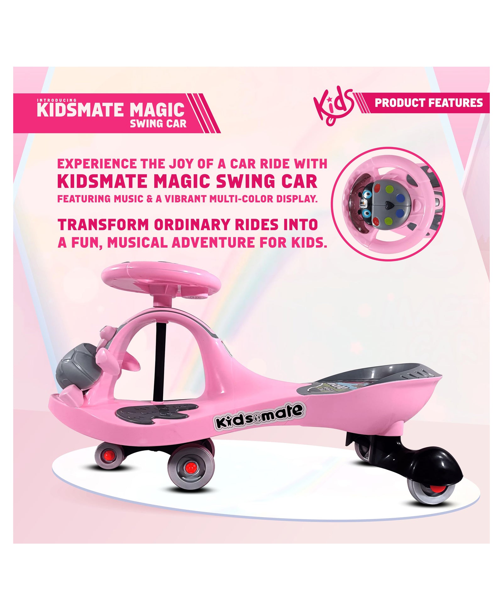 Kidsmate Magic Swing Car for Kids with Music & LED Lights, Ride-On Baby Car, Kids Push Car, Swing Car | Elegant Design with Extra Wide Seat for Kids (Pink)