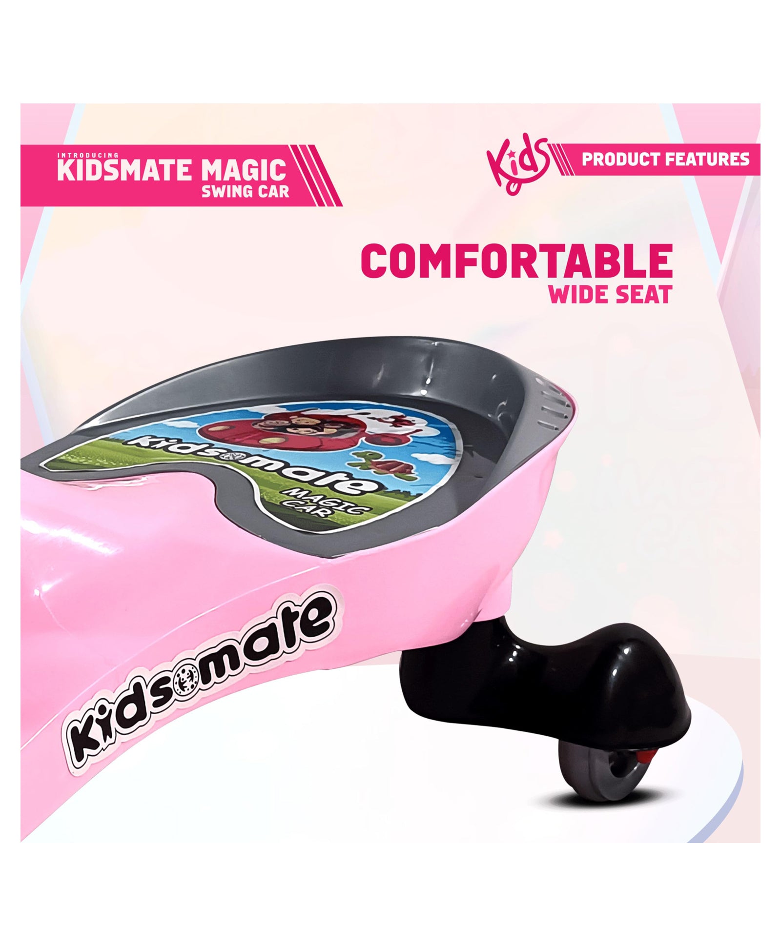 Kidsmate Magic Swing Car for Kids with Music & LED Lights, Ride-On Baby Car, Kids Push Car, Swing Car | Elegant Design with Extra Wide Seat for Kids (Pink)
