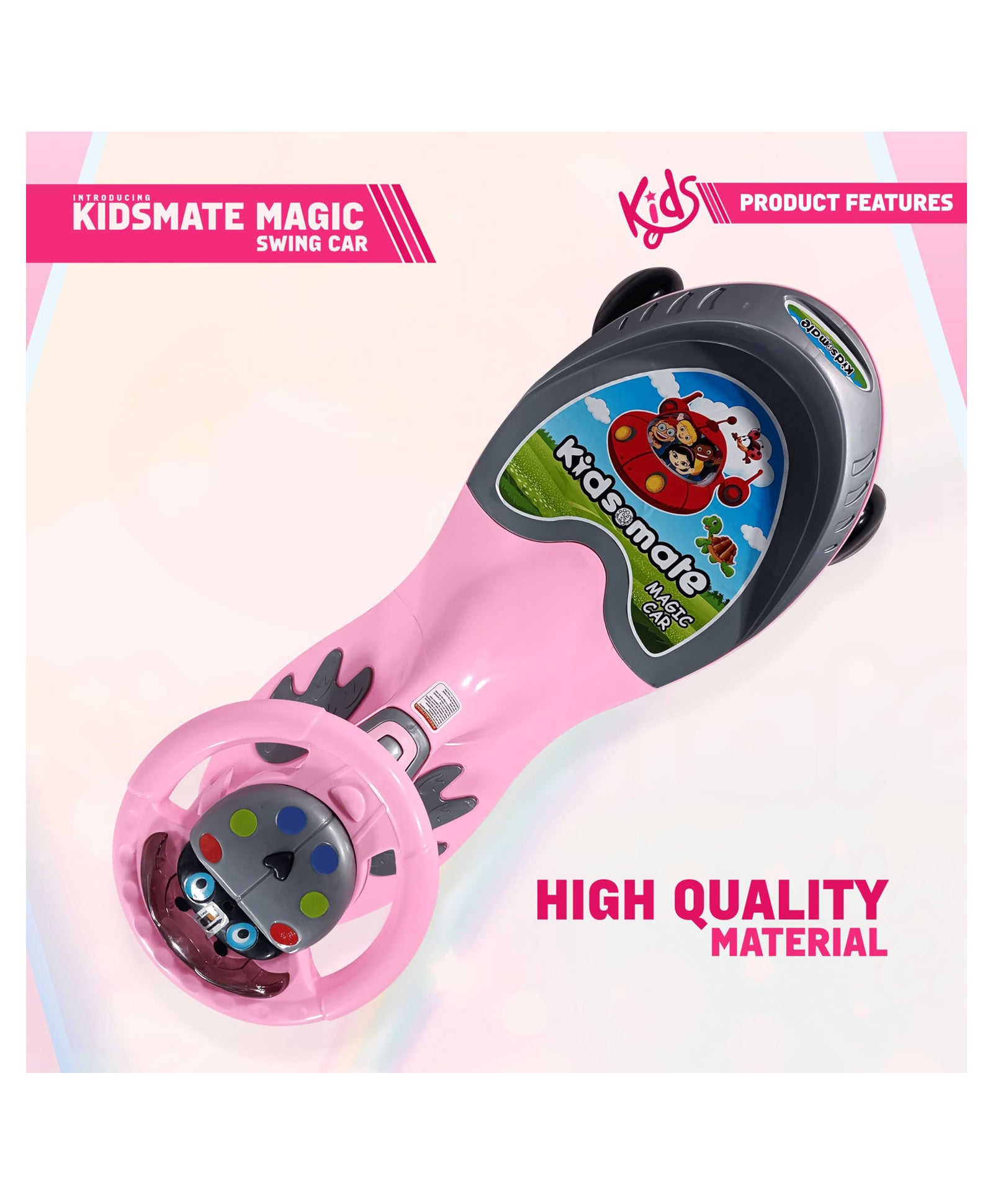 Kidsmate Magic Swing Car for Kids with Music & LED Lights, Ride-On Baby Car, Kids Push Car, Swing Car | Elegant Design with Extra Wide Seat for Kids (Pink)
