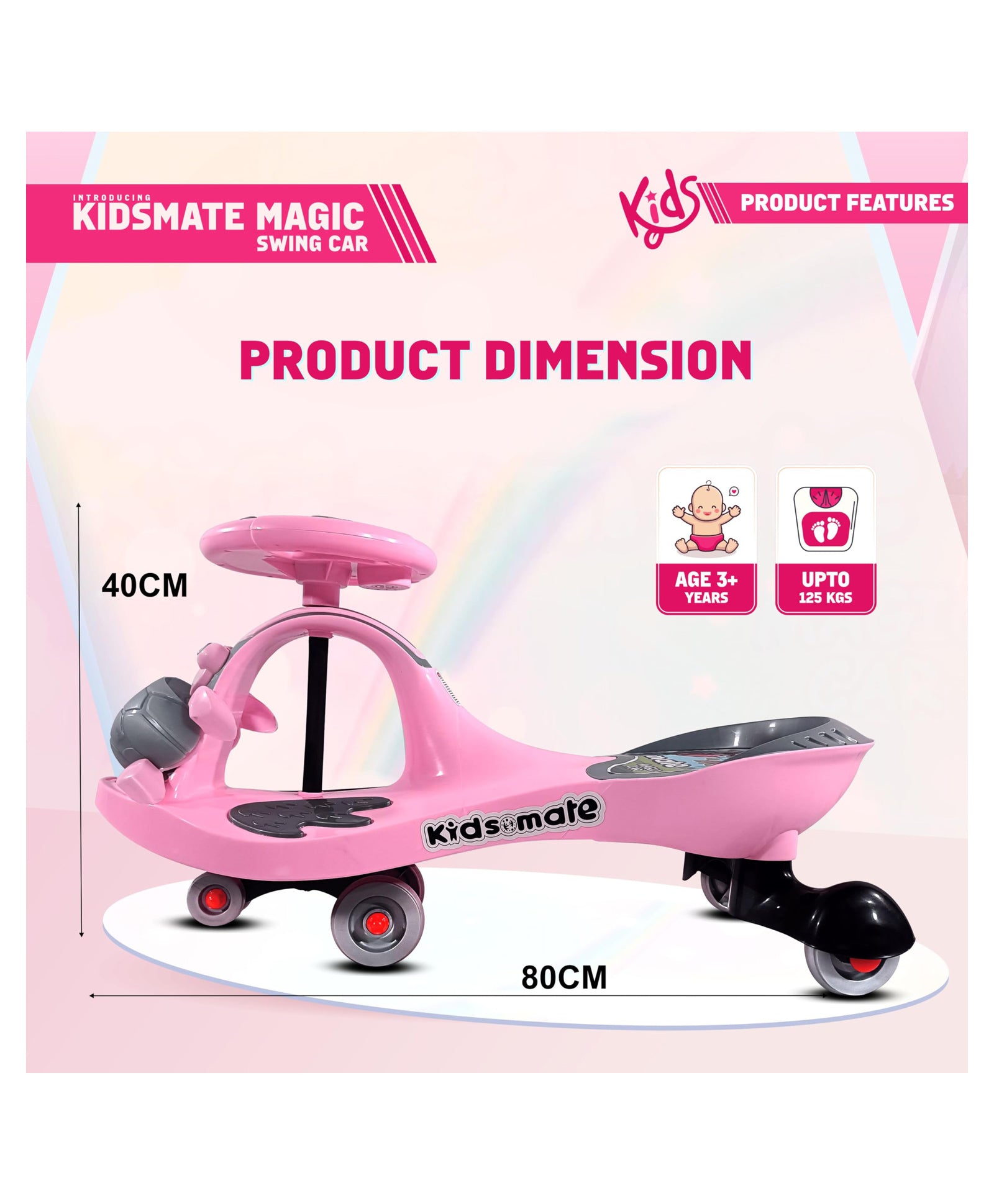 Kidsmate Magic Swing Car for Kids with Music & LED Lights, Ride-On Baby Car, Kids Push Car, Swing Car | Elegant Design with Extra Wide Seat for Kids (Pink)