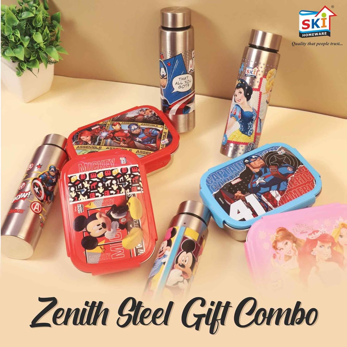 Set Steel Lunch Box (600 ML) & Steel Slim Bottle (450 ML) Combo- Avengers