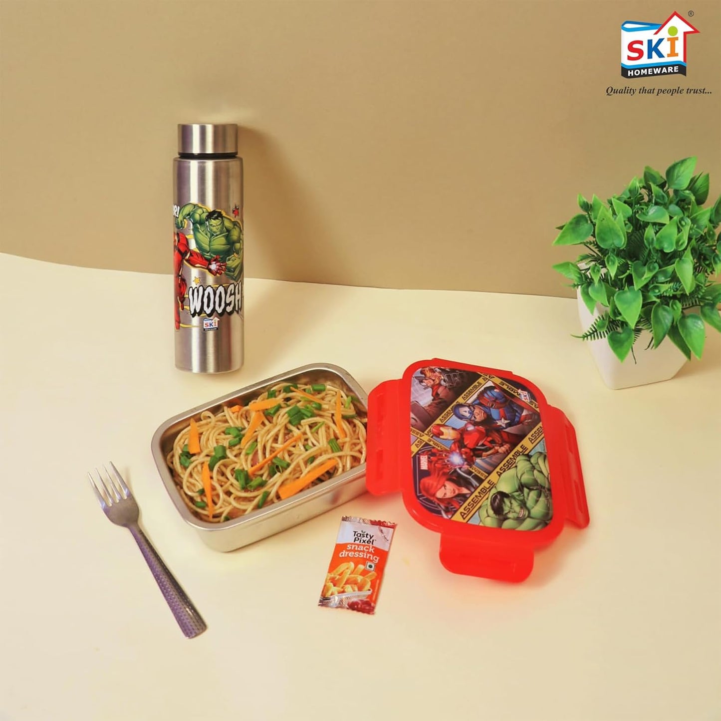 Set Steel Lunch Box (600 ML) & Steel Slim Bottle (450 ML) Combo- Avengers