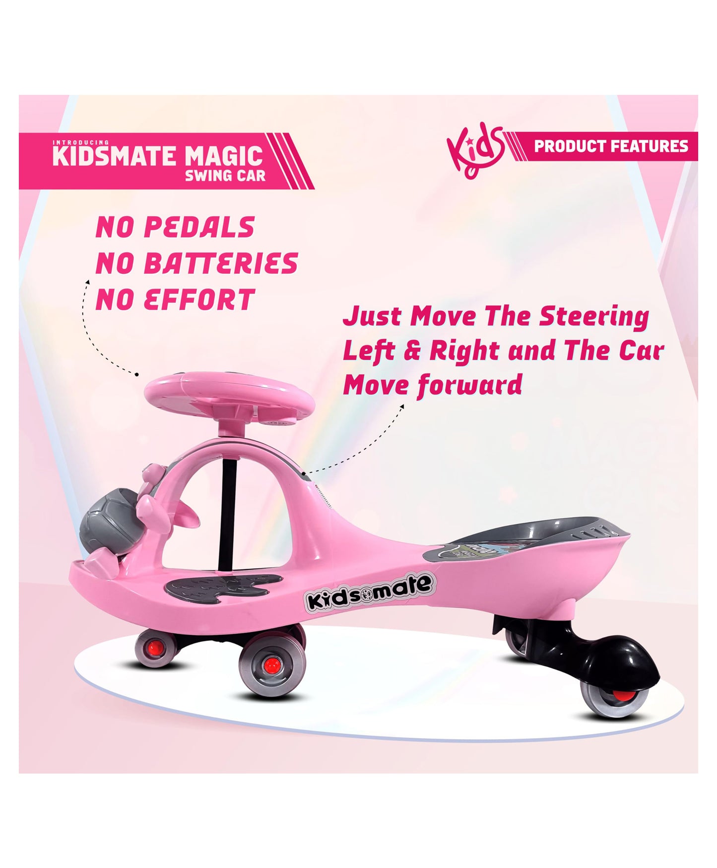 Kidsmate Magic Swing Car for Kids with Music & LED Lights, Ride-On Baby Car, Kids Push Car, Swing Car | Elegant Design with Extra Wide Seat for Kids (Pink)