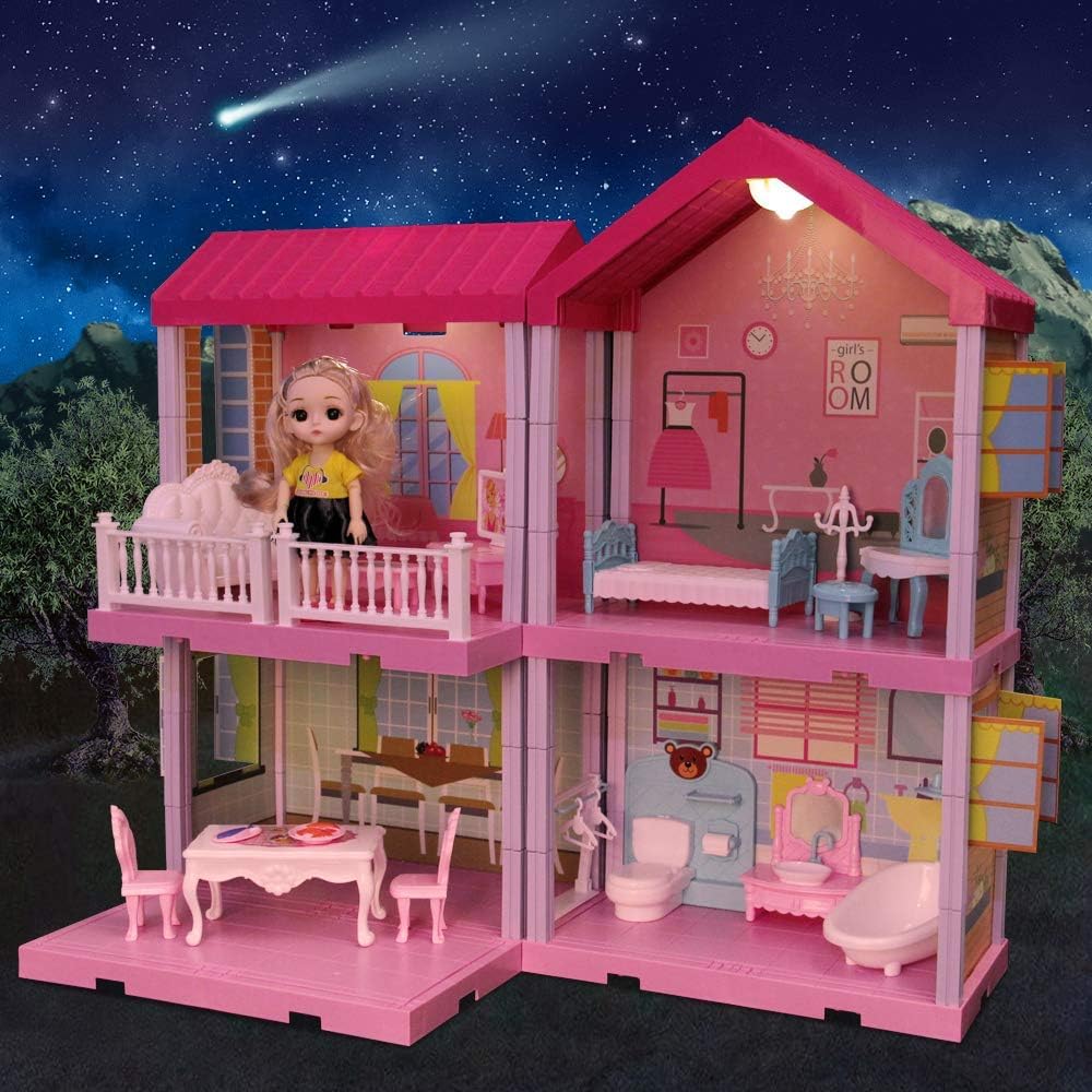 Foldable Dream House Play Set with Accessories & Doll Furniture - 108 Piece DIY Princess Doll House