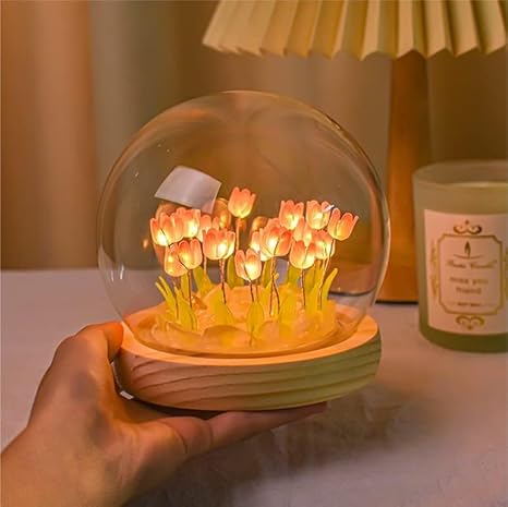 Flower Tulip Lamp LED Night Light USB Powered Ball Lamp With Wooden Base For Bedroom, Home Decor, Soft Pink Glow, Ideal For Gift (Tulip Flowers, Pink)