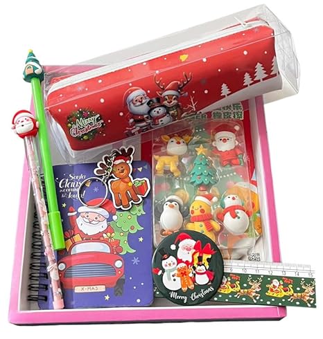 Christmas Santa Stationery Gift Set for Kids I new year goody gift set cute stylish School Stationery Pencil Pouch with Bag Diary I Return Gift for Kids (8 items set)