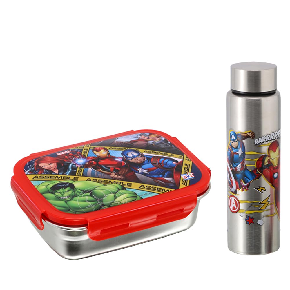 Set Steel Lunch Box (600 ML) & Steel Slim Bottle (450 ML) Combo- Avengers