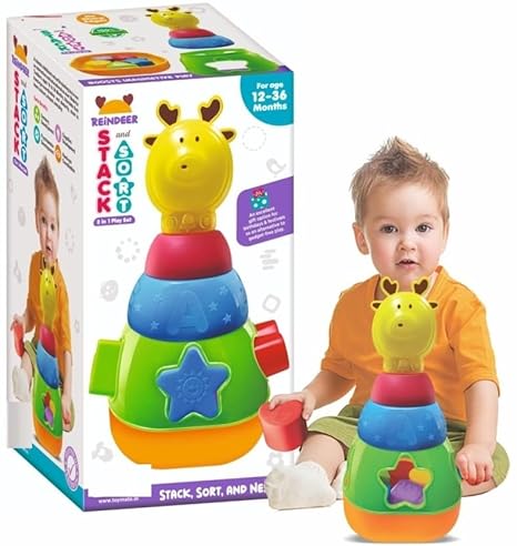 Reindeer Stack N Sort  2 in 1 Stacking and Shape Sorter Play Set , 100% Non-toxic ,for 18-36 months age group kids