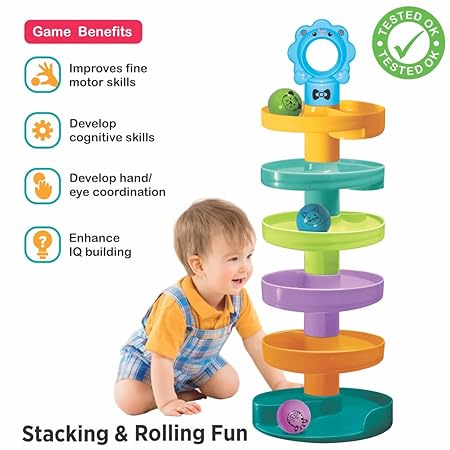 Toymate Cat Spiral Fun - A Roll Ball Toy with 7 Layer Ball Drop Tower Run with Roll Swirling Ramps for Baby and Toddler Educational Development Toy Set