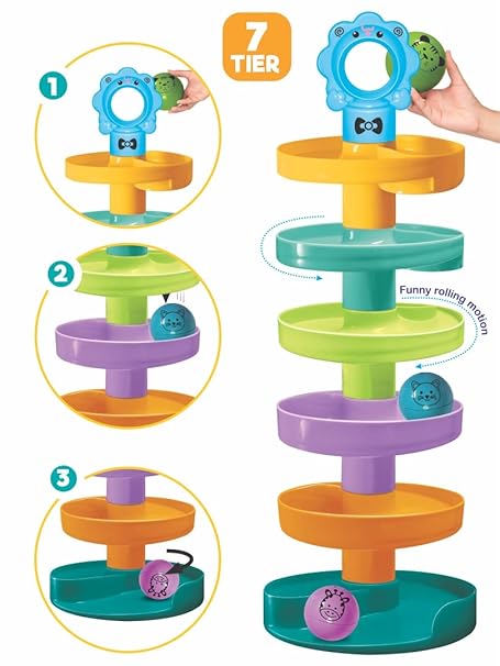 Toymate Cat Spiral Fun - A Roll Ball Toy with 7 Layer Ball Drop Tower Run with Roll Swirling Ramps for Baby and Toddler Educational Development Toy Set