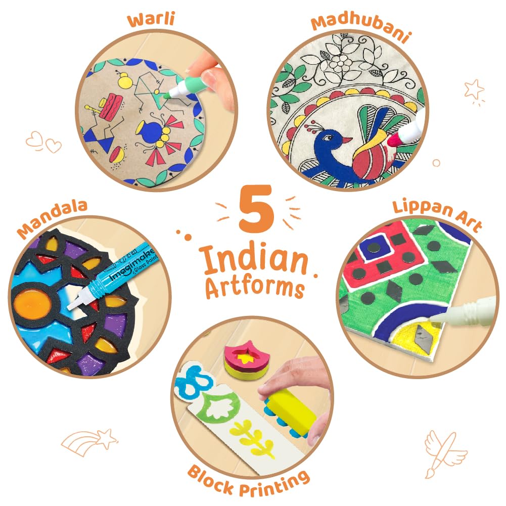 Imagimake Learn Indian Art Forms-Arts and Craft DIY Kit for Kids, Ages 8-12, 5 Indian Art Forms-Madhubani, Warli, Lippan, Mandala & Block Printing, Perfect DIY Craft Kit for Kids
