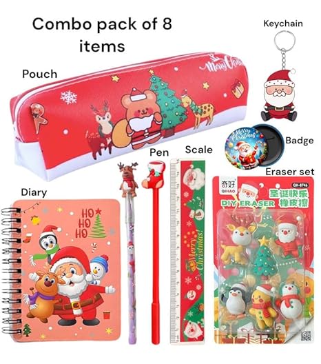 Christmas Santa Stationery Gift Set for Kids I new year goody gift set cute stylish School Stationery Pencil Pouch with Bag Diary I Return Gift for Kids (8 items set)