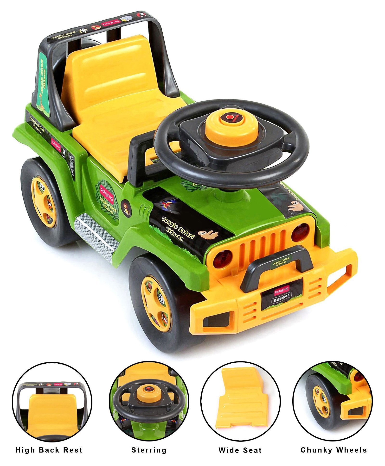 Babyhug Jungle Safari Foot To Floor Ride-On - Green & Yellow | Kids Toddler Ride-On Toy with Jungle Theme, Foot-Powered Ride-On Car for Indoor and Outdoor Fun