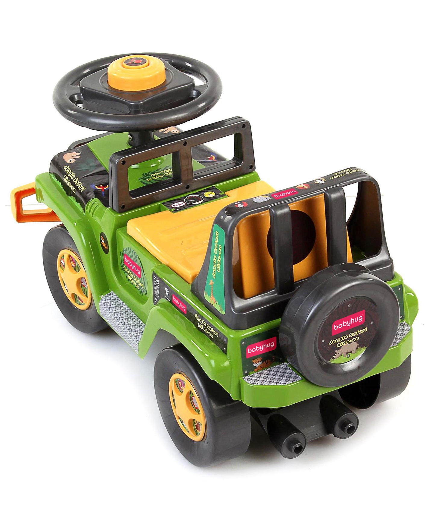 Babyhug Jungle Safari Foot To Floor Ride-On - Green & Yellow | Kids Toddler Ride-On Toy with Jungle Theme, Foot-Powered Ride-On Car for Indoor and Outdoor Fun