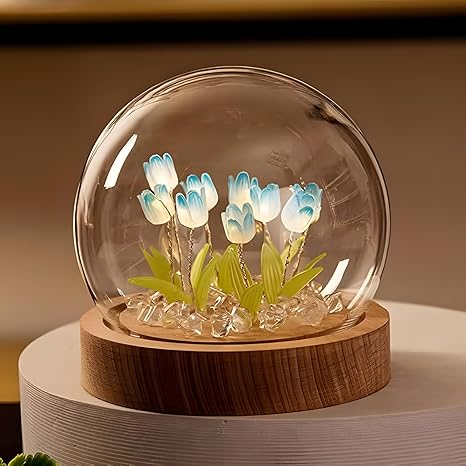 Flower Tulip Lamp LED Night Light USB Powered Ball Lamp With Wooden Base For Bedroom, Home Decor, Soft Pink Glow, Ideal For Gift (Tulip Flowers, Pink)