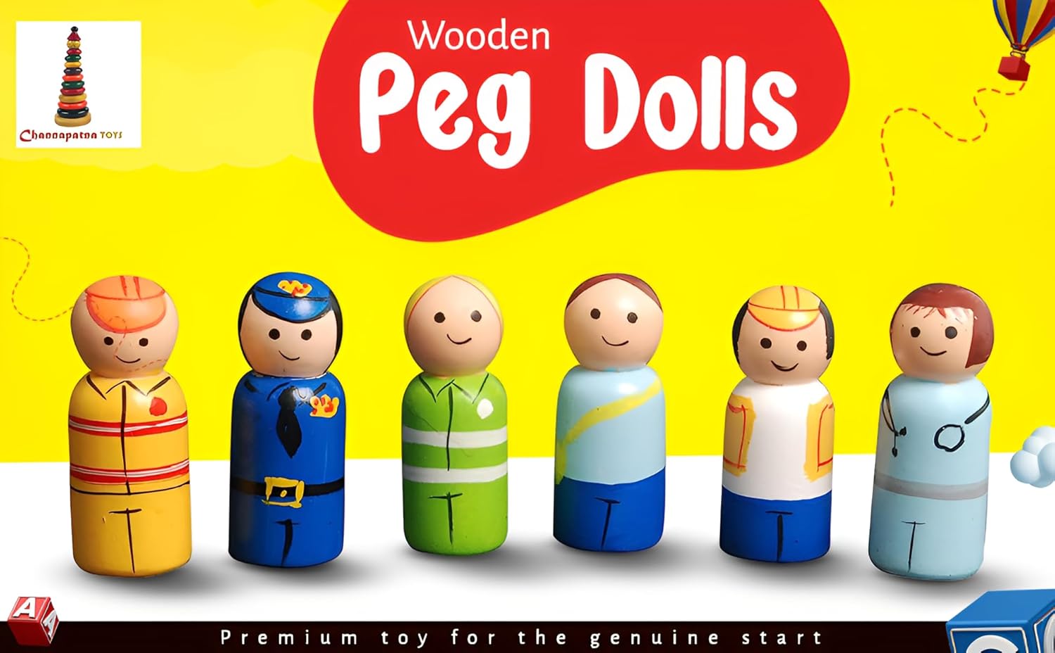 ECO-FRIENDLY TOYS From The Land Of Toys Peg Dolls Wooden Essential Community Helpers Pretend Play Figurines - Colorful Toys for Kids & Toddlers (2 Years+) - Pack Of 6 Pcs - Open Ended Toys