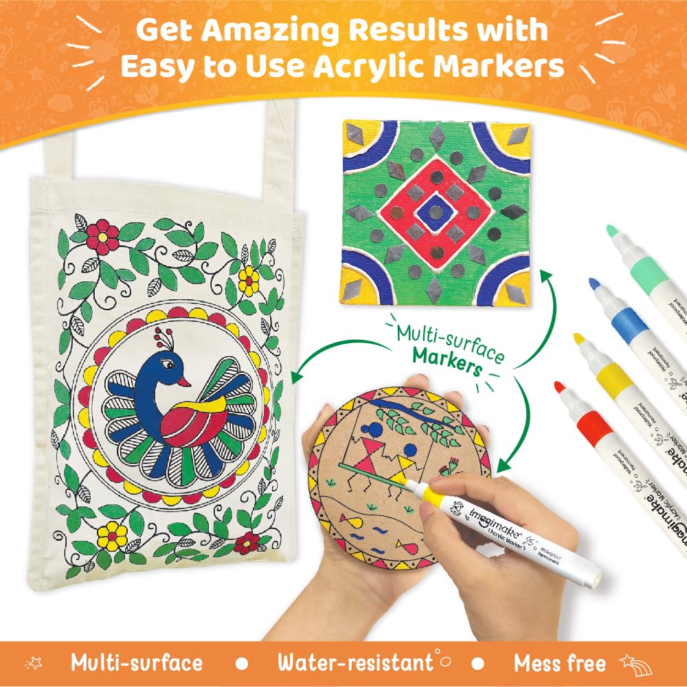 Imagimake Learn Indian Art Forms-Arts and Craft DIY Kit for Kids, Ages 8-12, 5 Indian Art Forms-Madhubani, Warli, Lippan, Mandala & Block Printing, Perfect DIY Craft Kit for Kids