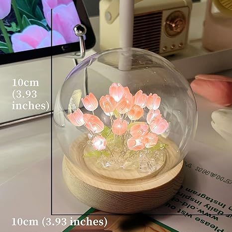 Flower Tulip Lamp LED Night Light USB Powered Ball Lamp With Wooden Base For Bedroom, Home Decor, Soft Pink Glow, Ideal For Gift (Tulip Flowers, Pink)