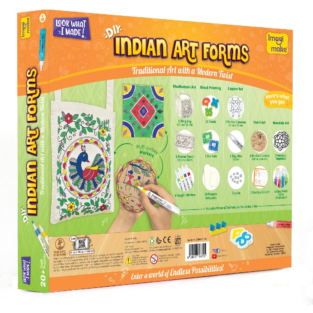 Imagimake Learn Indian Art Forms-Arts and Craft DIY Kit for Kids, Ages 8-12, 5 Indian Art Forms-Madhubani, Warli, Lippan, Mandala & Block Printing, Perfect DIY Craft Kit for Kids
