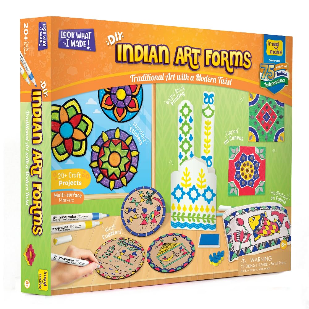 Imagimake Learn Indian Art Forms-Arts and Craft DIY Kit for Kids, Ages 8-12, 5 Indian Art Forms-Madhubani, Warli, Lippan, Mandala & Block Printing, Perfect DIY Craft Kit for Kids
