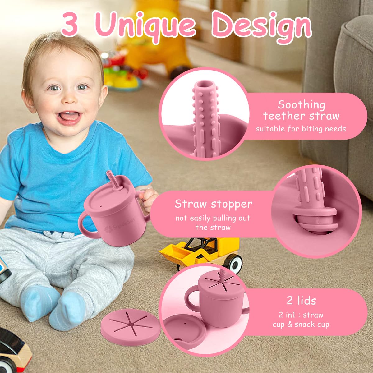 SNOWIE SOFT Silicone Sippy Cup with Teether Straw & Draining Lid | Anti leak | Anti slipper