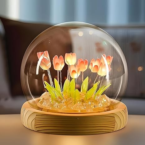 Flower Tulip Lamp LED Night Light USB Powered Ball Lamp With Wooden Base For Bedroom, Home Decor, Soft Pink Glow, Ideal For Gift (Tulip Flowers, Pink)