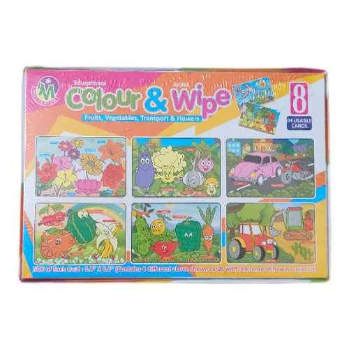 Colour & Wipe educational game for juniors for 4 yrs and above (Fruits, vegetables, Transport & Flowers)