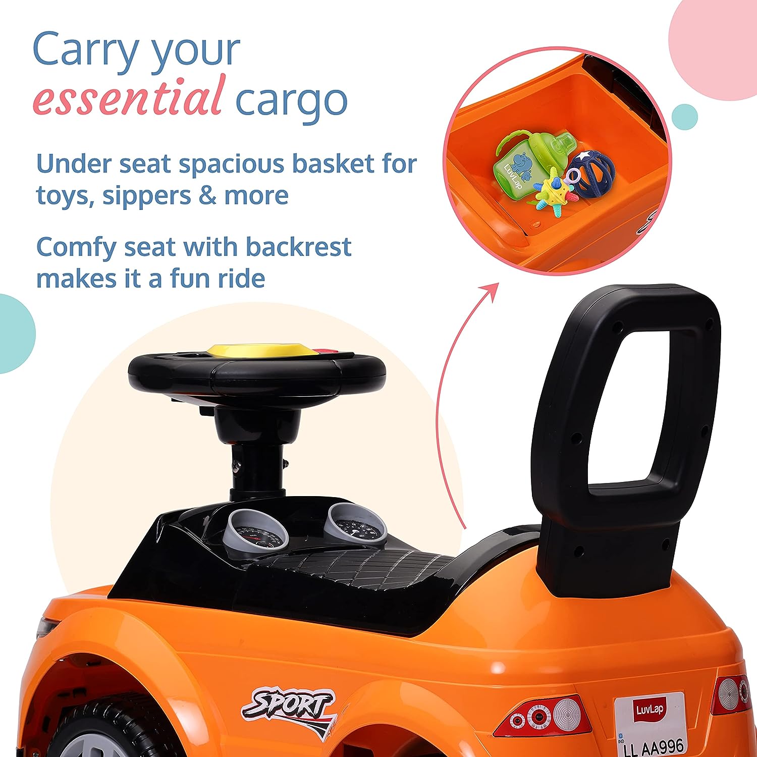 Starlight Ride-On Car for Kids with Music & Horn Steering, Push Car for Baby with Backrest, Safety Guard, Under Seat Storage & Big Wheels | Ride-On for Kids 1 to 3 Years Up to 25 Kgs (Orange)