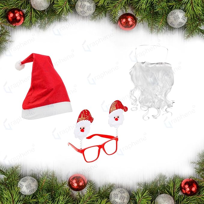 GRAPHENE 3 Christmas Accessories Combo Goggle Frame & 1 Santa Cap & 1Santa Beard Set Items for Kids Boys Girls