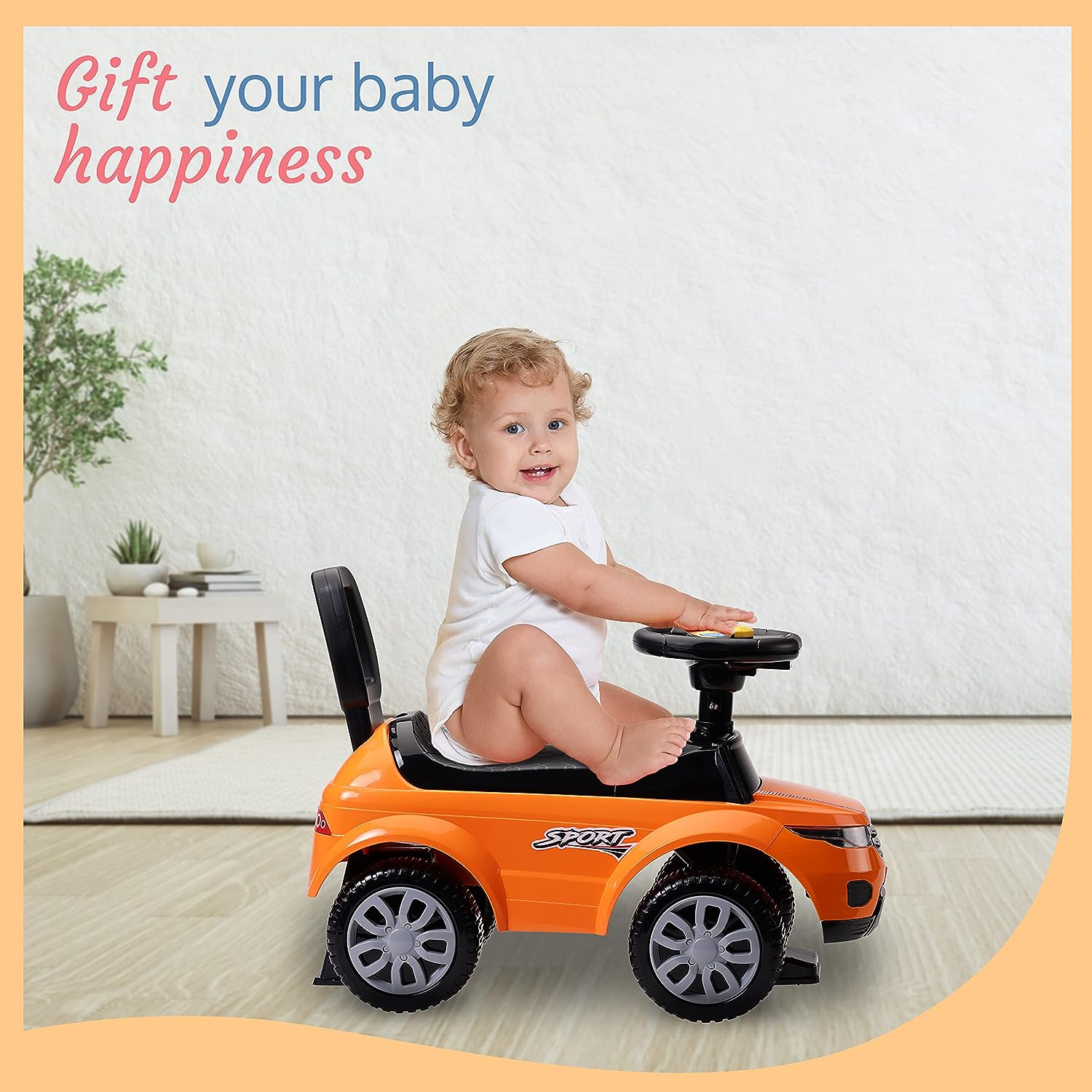 Starlight Ride-On Car for Kids with Music & Horn Steering, Push Car for Baby with Backrest, Safety Guard, Under Seat Storage & Big Wheels | Ride-On for Kids 1 to 3 Years Up to 25 Kgs (Orange)