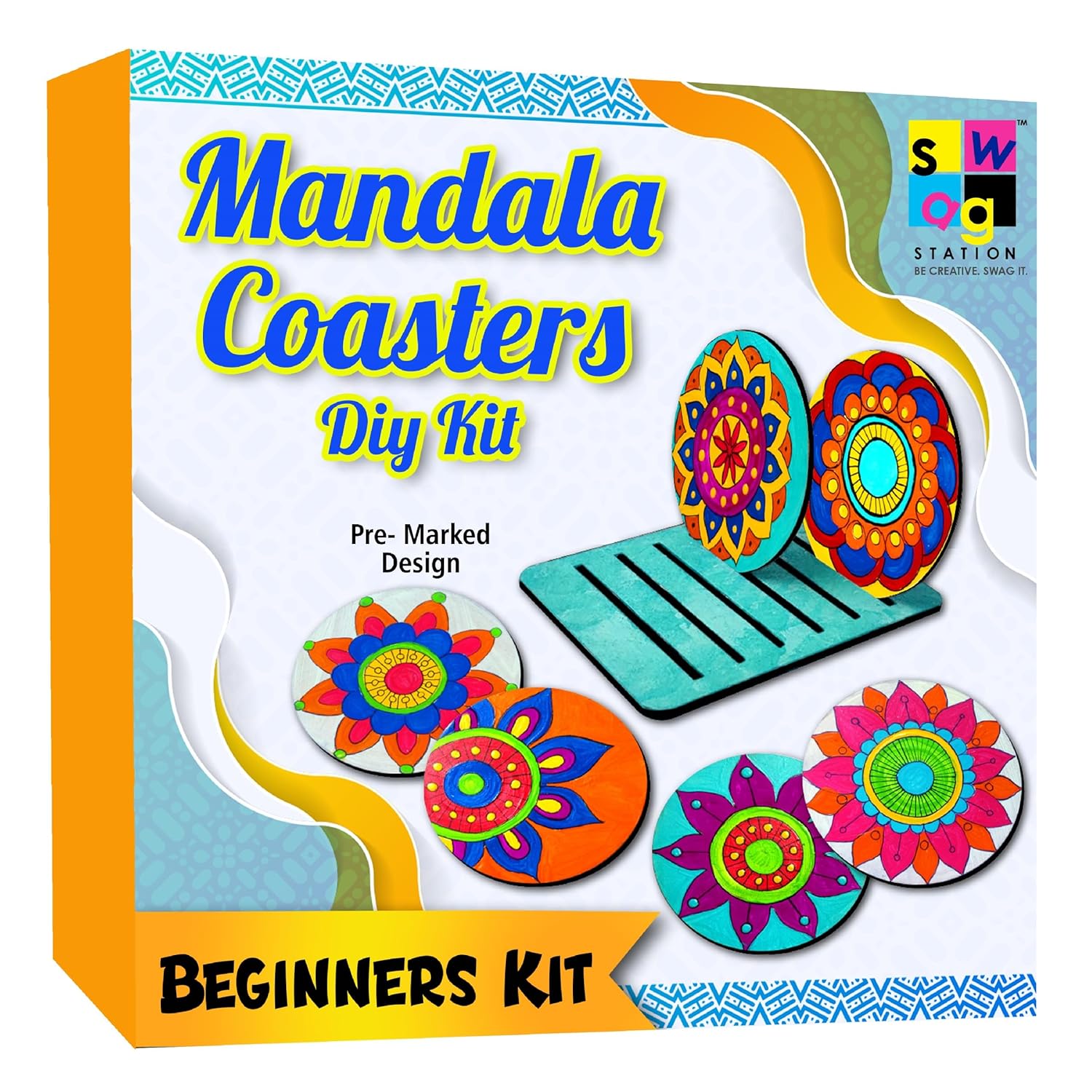 Swagstation Mandala Art Kit - Craft Materials for Mandala Painting, Ideal Gift for Girls Ages 10-12 and Teenagers, Includes 6 Coasters and Color Kit - Brown