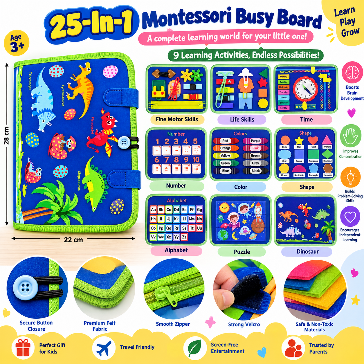 25-in-1 Montessori Busy Board for Kids | Dinosaur Activity Book | Educational Learning & Fine Motor Skills Toy