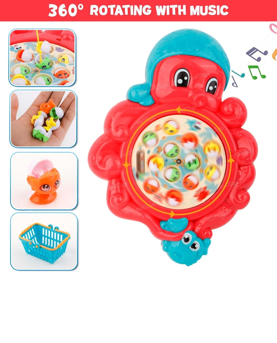 Octopus Fishing Dish for Kids Musical Board Games with Electric Rotating Tray Small Fish Hooks and 3 Baskets Suitable for 3+ Years Boys and Girls Multicolor (Included Fishing Tools)