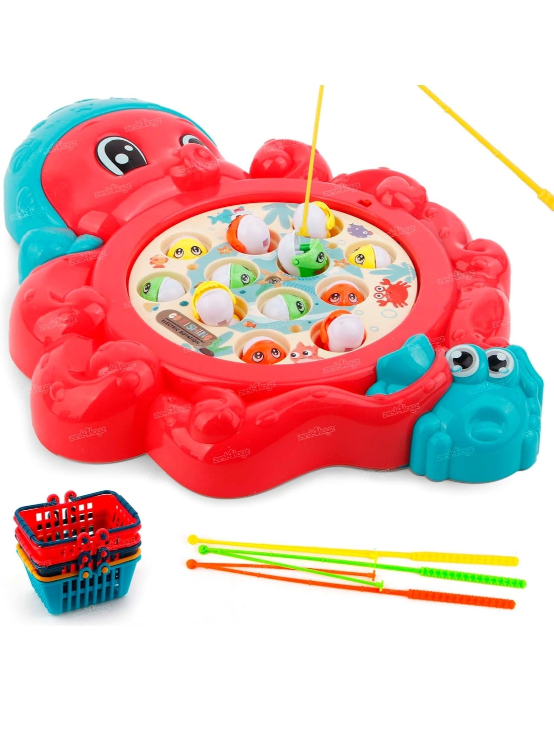 Octopus Fishing Dish for Kids Musical Board Games with Electric Rotating Tray Small Fish Hooks and 3 Baskets Suitable for 3+ Years Boys and Girls Multicolor (Included Fishing Tools)