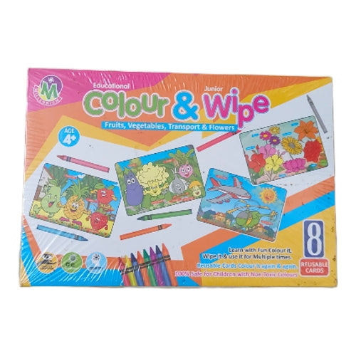 Colour & Wipe educational game for juniors for 4 yrs and above (Fruits, vegetables, Transport & Flowers)