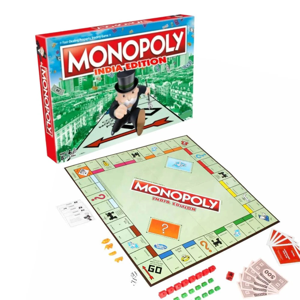 Monopoly India Edition Game,Contents - (Game Board, 8 Coins, 28 Title Deed Cards, 16 Chance Cards, 16 Community Cards, 1 Set of Monopoly Money, 39 Small House, 12 Big Hotels, 2 Dice)